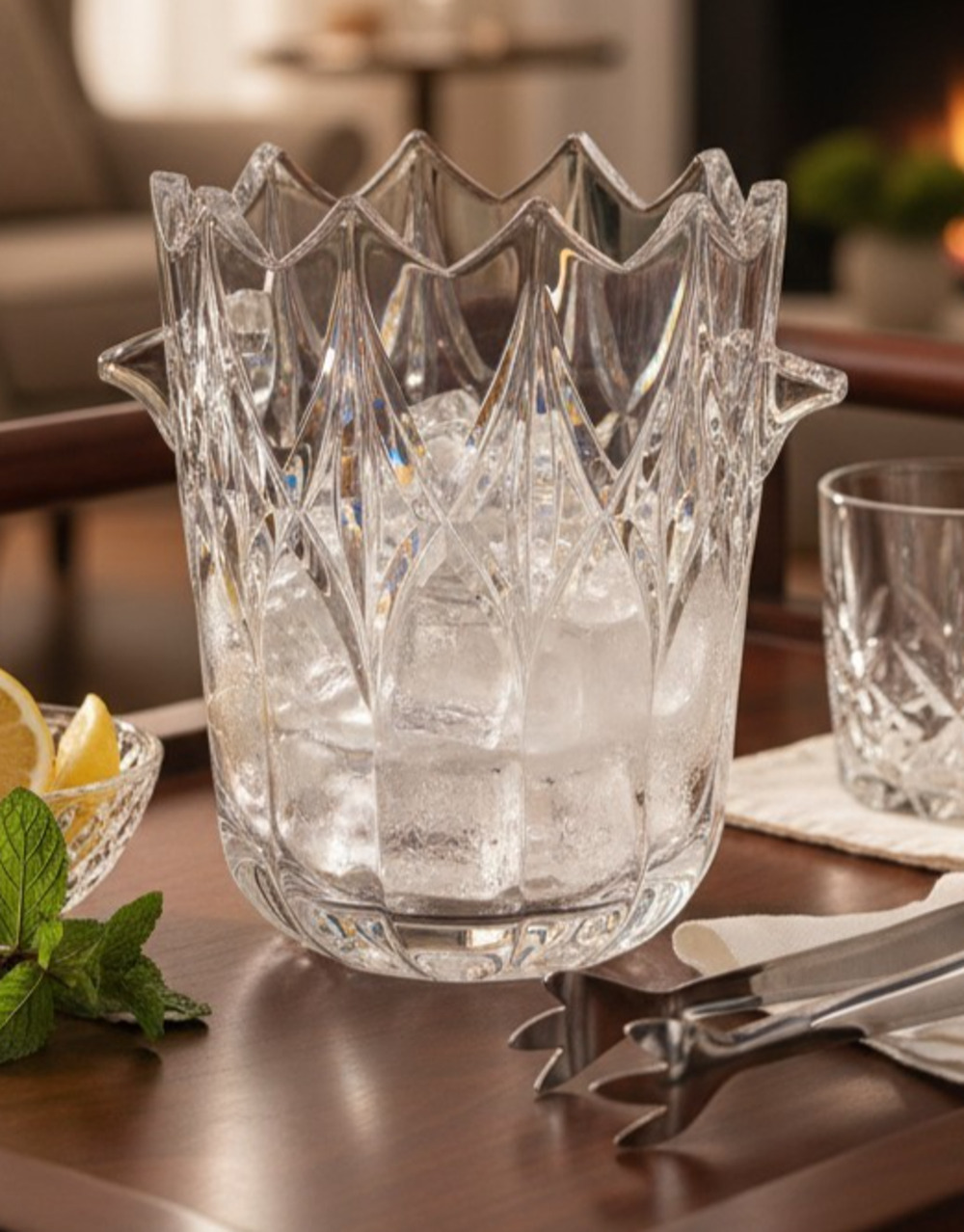 Bohemia Crystal Ice Bucket With Tongs Made in Czech Republic 6.5 x 5 NEW